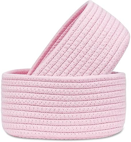 【2 Pack】ABenkle Small Woven Baskets, Tiny Oval Shallow Storage Baskets, Mini Cotton Rope Empty Decorative Basket, Boho Little Organizer Bins for Bathroom, Cat Dog Toy Gifts Baskets by ABenkle