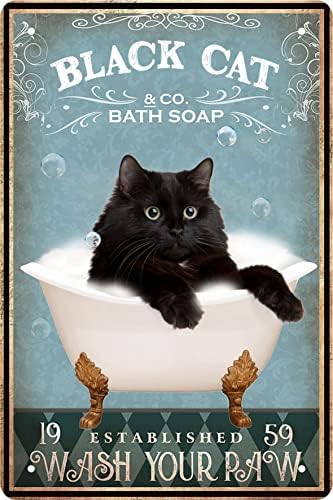 Tin Signs Cat Black Cat Sink Co - Wash Your Paw Metal Poster Wall Decor Hanging Funny Bathroom Signs for Home 8 x 12 in by CSWLJS