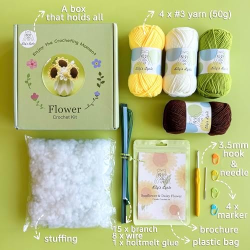 Lily's Lyric Flower Crochet Kit | Sunflower & Daisy Flower | Step-by-Step Video Tutorial for Adults Teenagers | DIY Home Decoration Craft Table Centerpiece - Image 3
