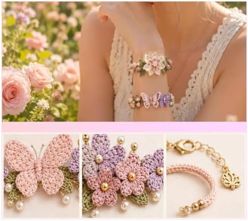 DIY Nature-Inspired Crochet Bracelet Kit, Handmade Jewelry Making Set with Yarn, Beads Crochet Hook, Art Craft Supplies for Adults, Woven Bracelets Craft Gift，D - Image 5