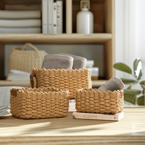 La Jolie Maison Small Sand Wicker Baskets Set of 3, Paper Rope Storage Baskets with Handle, Small Woven Baskets for Organizing, Decorative Cute Baskets for Gifts - Image 2