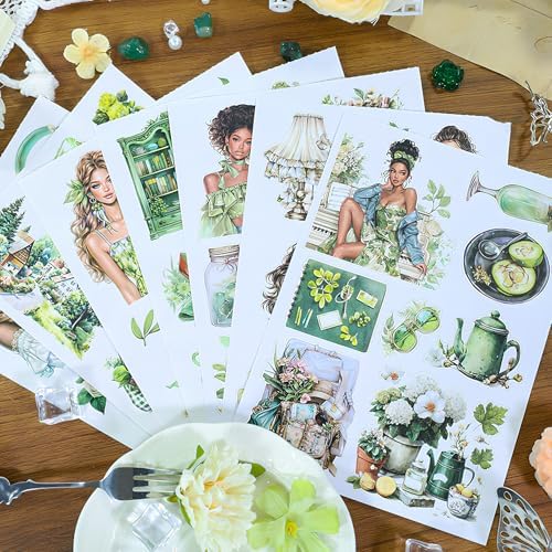 Snycler Sticker Book - 20 Sheets Vintage PET Stickers for Scrapbooking, Junk Journaling, Ephemera, and Decorative Crafts-Fresh Green - Image 4