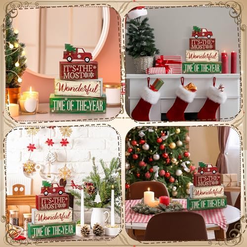 Moucuny 4 Pcs Christmas Red Truck Centerpiece Wooden Block Signs Tabletop - Image 4