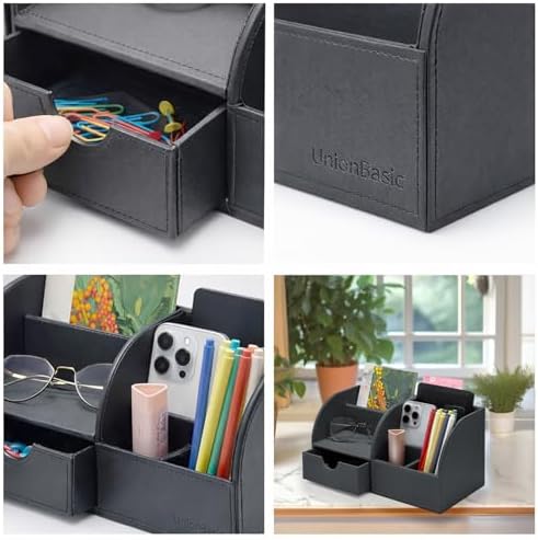 UnionBasic Desk Organizer - Multifunctional Leather Desktop Pen Holder Storage Box - Business Card/Pen/Pencil/Mobile Phone/Stationery Holder, Taiga Dark Gray - Image 3