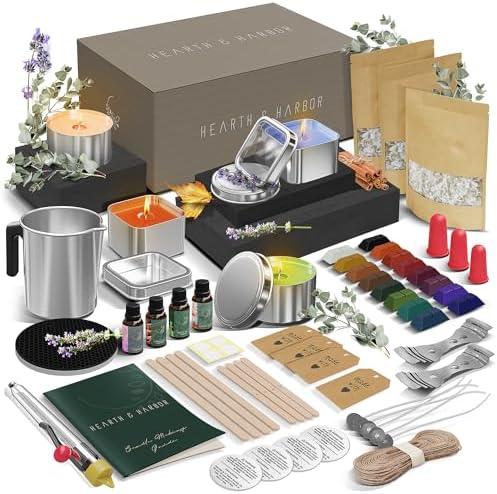 Hearth & Harbor Organic Soy Candle Making Kit for Adults, DIY Crafts, Complete Candle Making Supplies Include Natural Soy Wax, Tins, Scents, Dyes, Wicks & More – Gift Idea, Perfect Home Decor – 2 Lbs by HearthHarbor