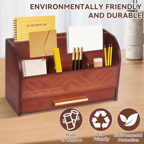 Brown Desktop Organizer with Drawer Storage, White Desk Organizer Mail Holder Mail Organizer Countertop Pen Holder Letter Sorter Make up Organizer for School Home Office Supplies - Image 3