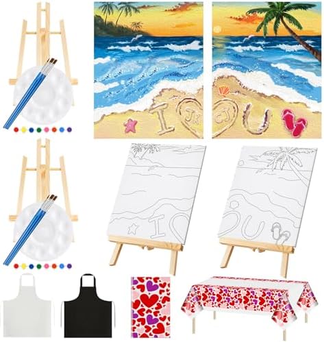 Yeaqee 13 Pcs Sip and Paint Kit for Adults Stretch Canvas Date Night Valentines Painting Kit Supplies Art Painting Set Outline Design Blank Stretch Canvas for Couple Party(Beach,10 x 8 Inch) by Yeaqee