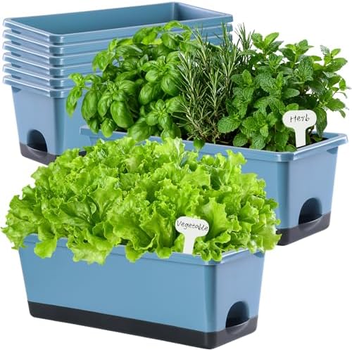 Oliz Window Box Planter 8 Pcs, 17 Inches Rectangle Flower Pots with Drainage Holes and Trays, Vegetable Planters for Windowsill Patio Garden Balcony Home Porch Yard Indoor Outdoor (Blue) - Image 3