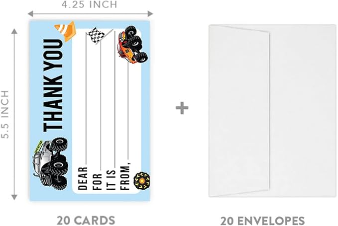 Andaz Press Kids Fill in the Blank Thank You Cards 20 Cards Including Envelopes Monster Trucks Gender Neutral Note Cards For Boys Girls Birthday Party Thank You Notes for Friends Family Party Guests