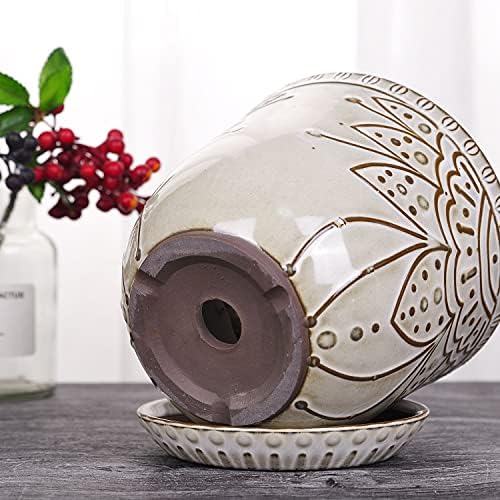 VanEnjoy 5.9 inch Round Bohemian Style Ceramic Planter, Geometry Engrave Off White Brown Planter Flower Pot, Indoor Outdoor Decorative Planter - Image 4