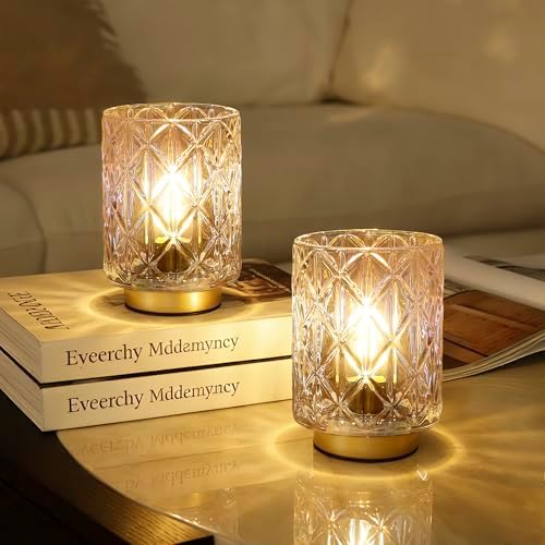 2 Pack Battery Operated Lamp,Cordless Samll Battery powered Accent Lamp with Timer for Bedside,Warm White Cozy Ambient Decorative Table Lamps for Shelf/Cubicle/Entryway/Table Decor(Iridescent Clear) by Ularoom