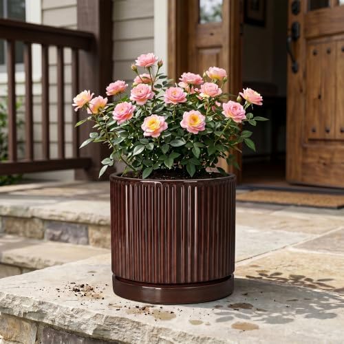 10 Inch Ceramic Plant Pots, Round Flower Pots with Saucer, Brown - Image 7