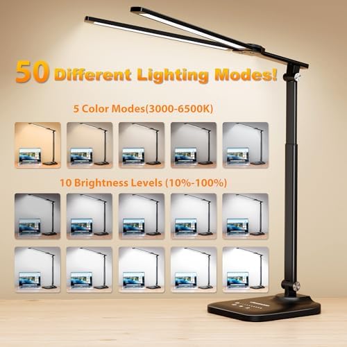 CHARYJOD LED Desk Lamp for Office Home, Height Adjustable Architect Desk Light with USB Adapter, Stepless Dimming Desk Lamp Light for Reading, Study, Workbench - Image 4