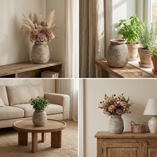 Rustic Terracotta Pot, 7 Inch Short Farmhouse Vase with Weathered Texture, Boho Home Decor for Pampas Grass, Tabletop, Mantel and Shelf Styling - Image 6