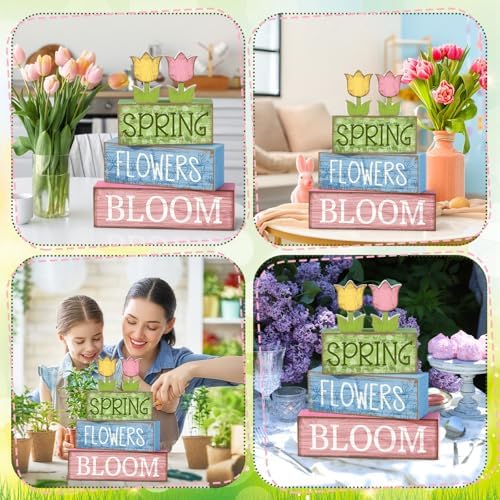 Moucuny 4 Pcs Spring Wooden Block Signs Farmhouse Table Tiered Tray Decor - Image 5