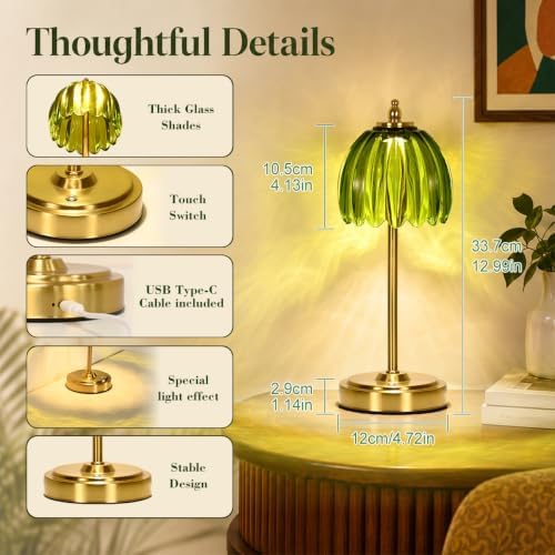 NewAoNaSen Glass Tulip Table Lamp, Cordless Rechargeable Table Light -Green - Image 5