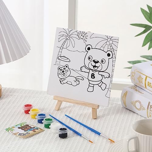 Tenceur 12 Sets Pre Drawn Canvas to Paint Adult Stretched Coloring Painting Canvas Panels with Design Easel and Brushes for Party Supplies Beginner Favor(Cute Style) - Image 4