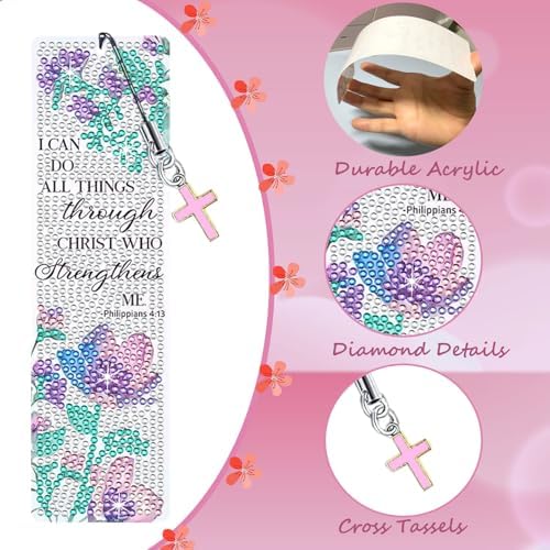 8PCS Diamond Painting Art Bookmarks,Cute Acrylic Bookmarks Crafts Kits Gifts with Pendants for Adult Women Book Lovers (Flower) - Image 3