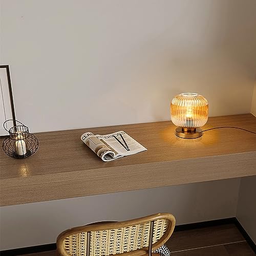 Mid Century Side Table Lamps Gold Desk lamp Amber Glass Small Table lamp Bedside nightstand lamp Globe Table lamp for Bedroom Living Room Office end Table - Image 3