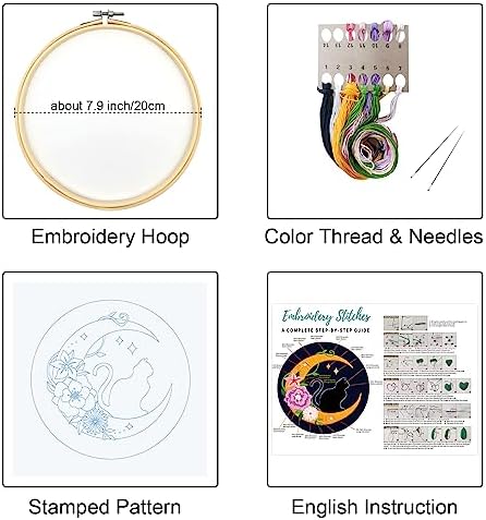 Louise Maelys Cat Moon Embroidery Kit for Beginners Floral DIY Craft Set - Image 2