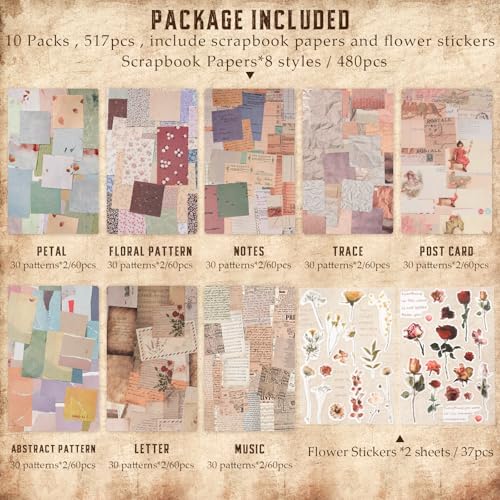 517 Pcs Vintage Scrapbook Paper,Scrapbook Supplies Stickers,Journaling Supplies Include 37 Pcs Flowers Stickers Aesthetic Journal Paper for Planner,Bullet Journaling,Junk Journal - Image 5