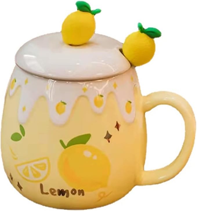 Coffee Mug Cups Ceramic Tea Cup Fruits Lemon Shaped Handmade Cute Mugs With Lid Spoon Handle Office Home Hot Ice Chocolate Milk Mugs Gifts Microwave Dishwasher Safe Travel Mugs (Yellow)