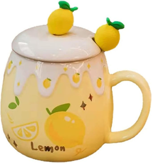 Coffee Mug Cups Ceramic Tea Cup Fruits Lemon Shaped Handmade Cute Mugs With Lid Spoon Handle Office Home Hot Ice Chocolate Milk Mugs Gifts Microwave Dishwasher Safe Travel Mugs (Yellow)