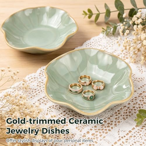 9 Pcs Ceramic Jewelry Dishes, Lotus Leaf Ring Dishes, Small Trinket Trays, Green Pottery Plates, Gold-Trimmed Jewelry Holders, Cute Key Bowls for Nightstand Decor - Image 2