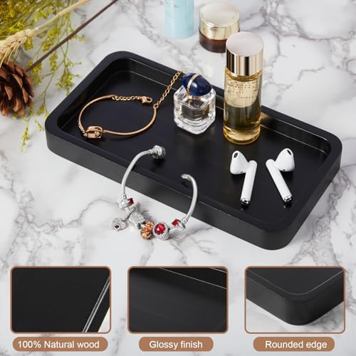 ALELION 8" Bathroom Vanity Tray for Counter - Wood Tray for Dresser Tops Perfume Jewelry Candle Key Catchall - Black Kitchen Countertop Organizer for Soap Dispenser and Sponge Holder - Image 6