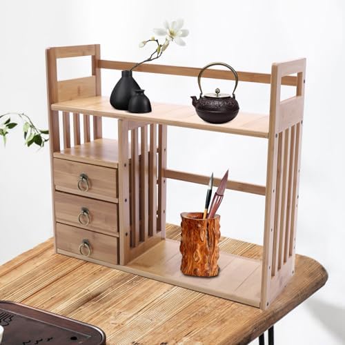 Bamboo Desktop Bookshelf Organizer, Double Layer Countertop Book Shelf with 3 Drawers, Desk Hutch Bookcase Organizer Display Shelf Rack for Office Home - Image 3
