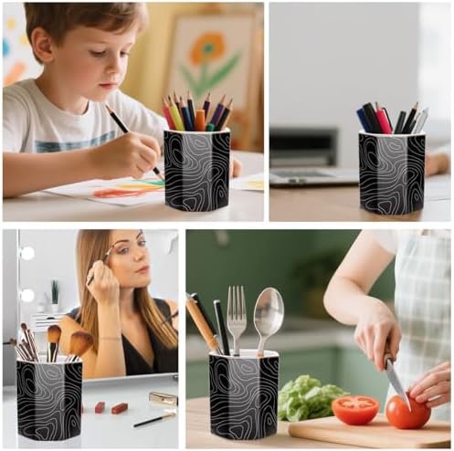 Black Pen Holder, Pencil Cup for Desk, Cute Desk Organizer, Durable Ceramic Decorative Makeup Brush Desktop Accessories, Stylish Stationery for Office, Home, Abstract Pattern - Image 3