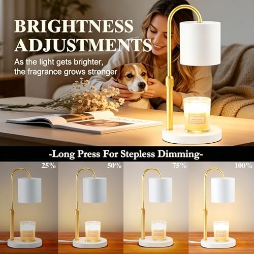 Dreamholder Electric Candle Warmer Lamp with Timer, Dimmable Candle Lamp with Adjustable Height, Wax Melter for Jar Candles Wood Base Floral Home Decor Gifts for Women Mom, White Gold - Image 3