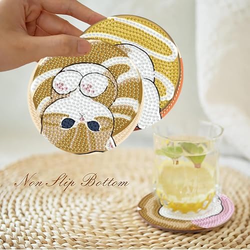 TCDZMYGS 8 Pcs Cute Cat Diamond Art Painting Coasters Kits, Cat Coaster with Holder for Adults, Non-Slip DIY Dot Paint Craft Kits, 5D Full Drill DIY Diamond Dot Gem Art Kit Home Decor Arts Craft - Image 6