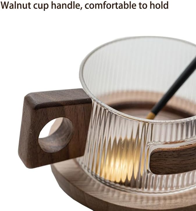 Dxcaicc Glass Coffee Cup with Wooden Handle And Black Walnut Saucer, Clear Tea Cup for Cold & Hot Beverages, Modern Glass Mug Set,B - Image 3