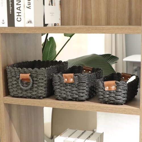 QINGTUHONE Woven Paper Rope Wicker Basket for Organizing(Set of 3,Black) - Image 3