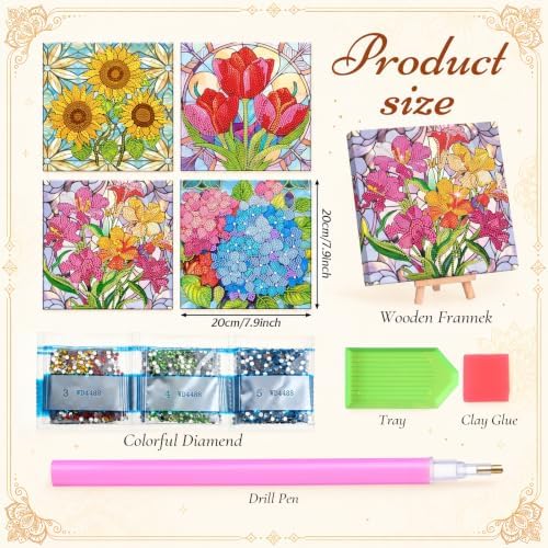Frienda 4 Pcs Flowers Diamond Painting Art Kits with Framed, 8 x 8 in - Image 4