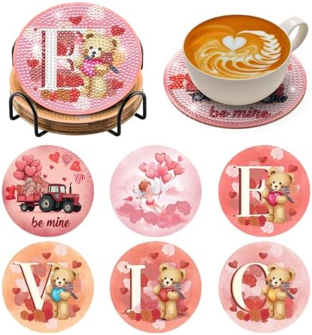 Zynlio Valentine's Day Diamond Art Coasters Kit with Holder,Pink Sweet Love Diamond Painting Coasters with Cork Bases,DIY Round Drill Gem Painting Art Crafts for Holiday Gifts by Unknown