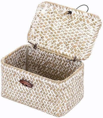 Hipiwe Wicker Shelf Basket Box Mini Seagrass Baskets with Lid,6.1"x4"x3.3" by Hipiwe