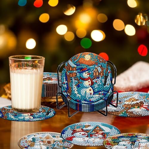 8 Pieces Christmas Snowman Diamond Coasters with Holder DIY Cute Christmas Snowman Diamond Art Coasters for Beginners Adults for Christmas - Image 5