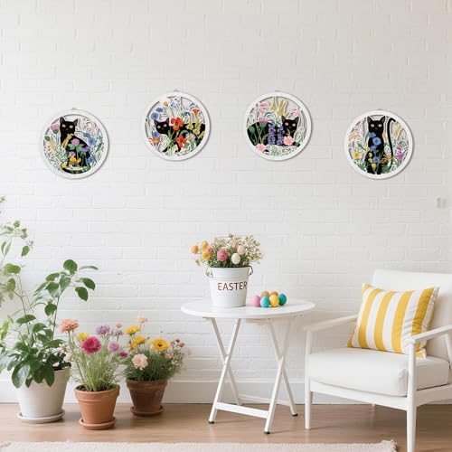 HPNIUB Funny Black Cat Wall Decor,Farmhouse Floral Wooden Signs,4 Pieces 10''x10'' Colorful Botanical Kitten Wall Art,Plant Cat Wood Plaque Home Decor for Pet Shop,Nursery,Lovely Cat Gifts - Image 3