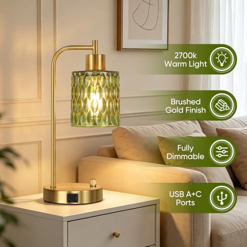 Table Lamps Set of 2, Green Glass Dimmable Bedside Lamps for Living Room - Image 5