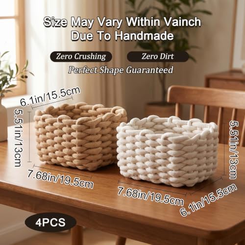4 Pack Small Woven Storage Baskets – Cotton Rope Organizer Bins for Bathroom, Vanity, Desk & Shelf – White & Light Brown, 7.7x6.1x5.1 Inches - Image 2