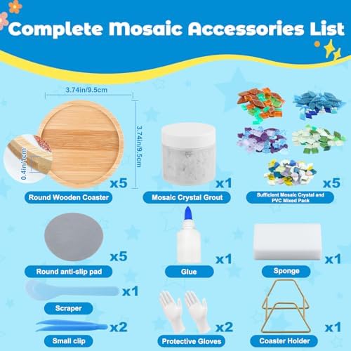 5 Sets DIY Mosaic Tiles for Crafts, Mixed Color Mosaic Coaster Kit Material Package for Adults Women, Wooden Coaster for Drinks Tray Handmade Home Decoration and Gift Idea Summer Party - Image 2