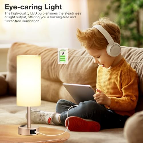 Antique White Bedside Table Lamp, Dimmable Touch Lamp, USB A+C, AC Outlet - Image 3