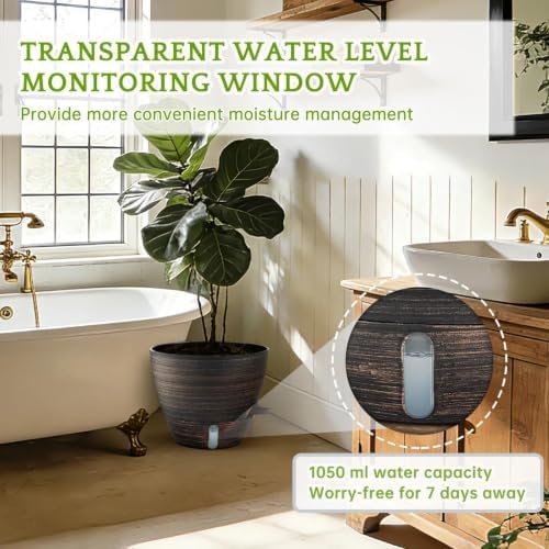 ZMTECH 10 Inch Self Watering Pots for Indoor/Outdoor Plants, 4 Pack Bronze Large Plastic Planter with Water Level Indicator, Drainage Hole & Removable Saucer for Garden Flowers, Deco Plant Container - Image 3