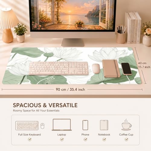 Sage Green Desk Mat, Botanical Lotus XXL Mouse Pad 35.4x15.7in - Image 3
