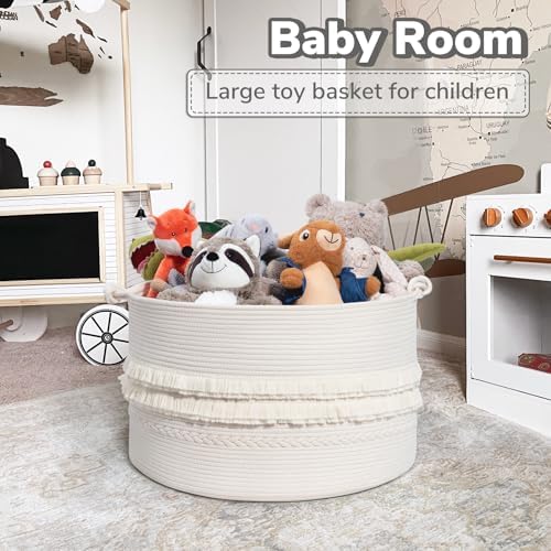 CherryNow 90L Large Woven Rope Blanket Basket with Tassel, 22" x 14", White - Image 6