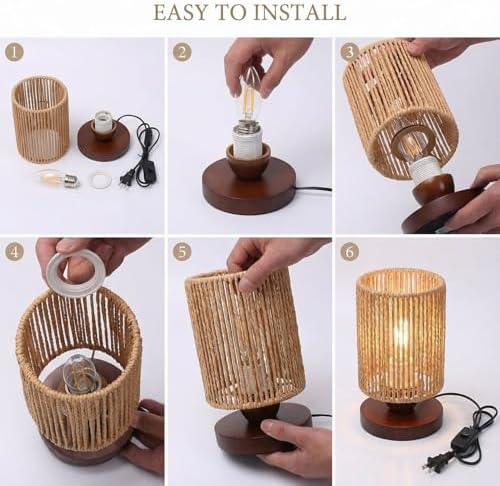 Small Rattan Table Lamp for Bedroom, Boho Bedside Lamp with Warm LED Bulb, Handwoven Wicker Nightstand Lamp for Nursery, Entryway & Dorm, Mini Ambient Night Light with Wood Base (8.6" Tall) - Image 4