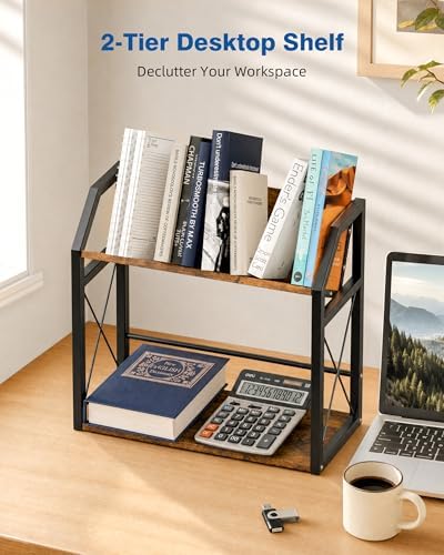 Desktop Bookshelf, Wooden Desk Shelf Organizer, Brown - Image 4