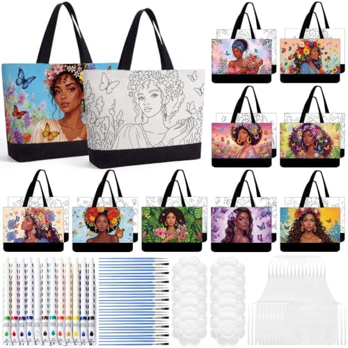 10 Set Paint and Sip Canvas Bags Pre Drawn Kit,Flower Women by Locmeo